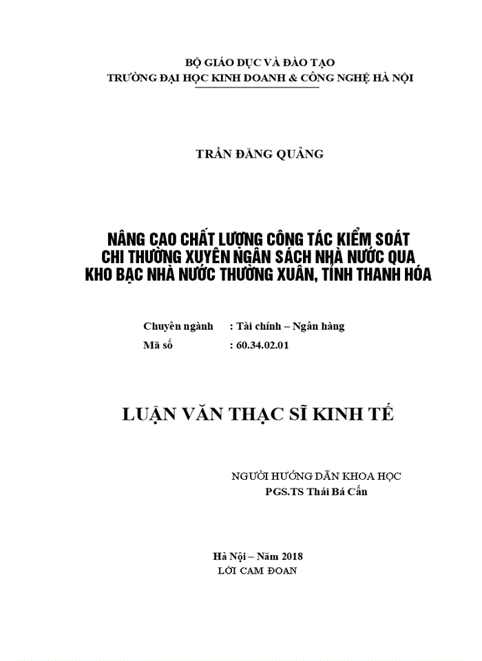 Nâng cao chất lượng công tác kiểm soát chi thường xuyên ngân sách nhà nước qua kho bạc nhà nước thường xuân, tỉnh thanh hóa 2018