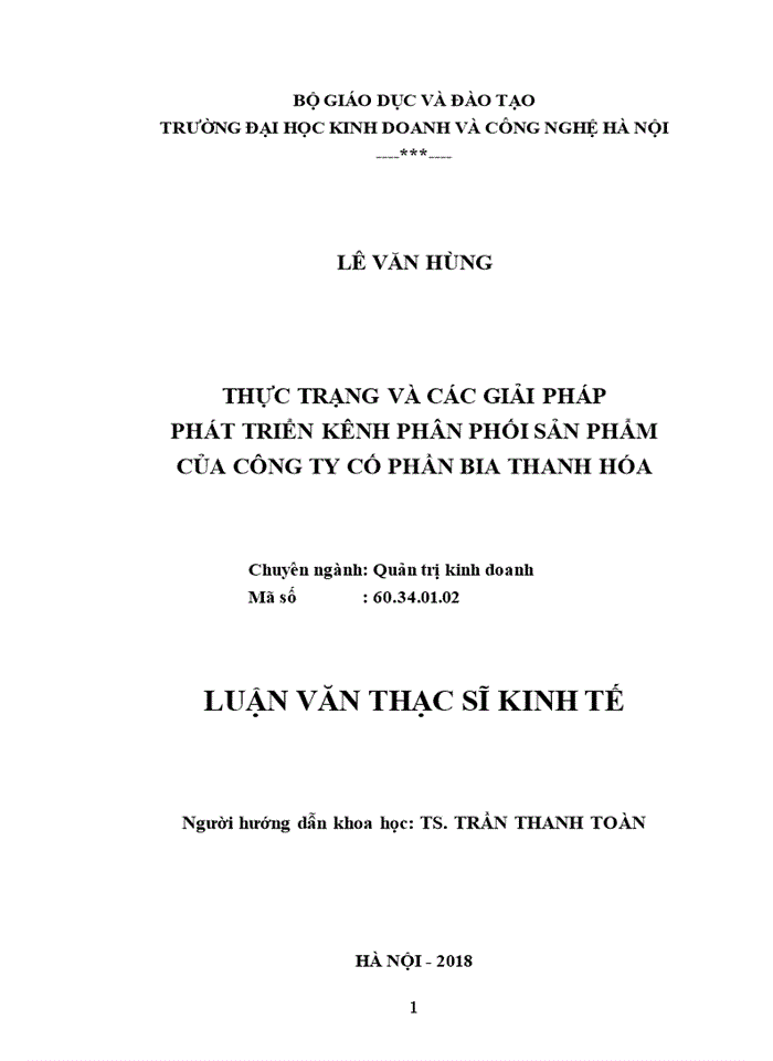 Thực trạng và các giải pháp phát triển kênh phân phối sản phẩm của công ty cố phần bia thanh hóa 2018