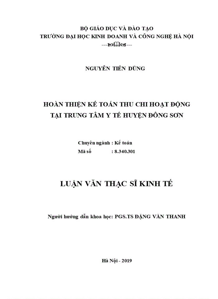 Hoàn thiện kế toán thu chi hoạt động tại trung tâm y tế huyện đông sơn 2019