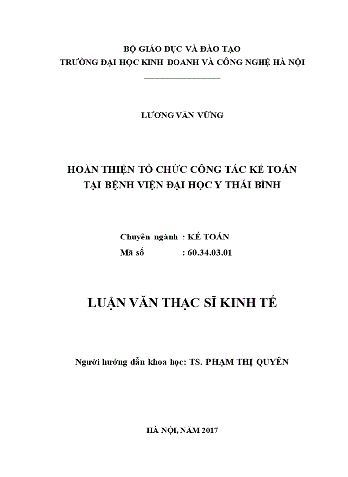 Hoàn thiện tổ chức công tác kế toán tại bệnh viện đại học y thái bình 2017
