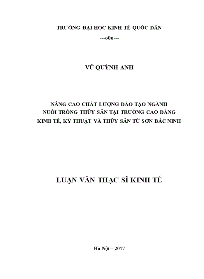 Nâng cao chất lượng đào tạo ngành nuôi trồng thủy sản tại trường cao đẳng kinh tế, kỹ thuật và thủy sản từ sơn bắc ninh 2017