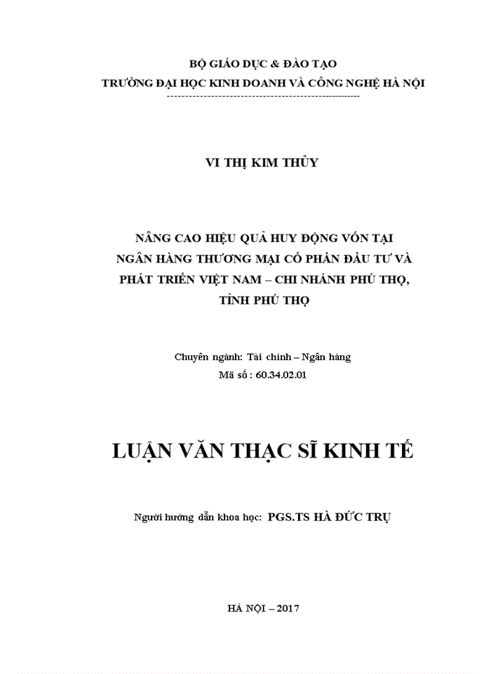 Nâng cao hiệu quả huy động vốn tại ngân hàng thương mại cổ phần đầu tư và phát triển việt nam – chi nhánh phú thọ, tỉnh phú thọ 2017