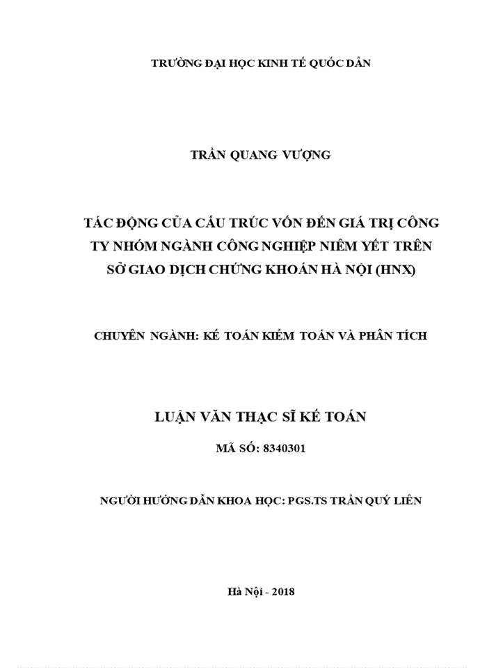 Tác động của cấu trúc vốn đến giá trị công ty nhóm ngành công nghiệp niêm yết trên sở giao dịch chứng khoán hà nội (hnx) 2018