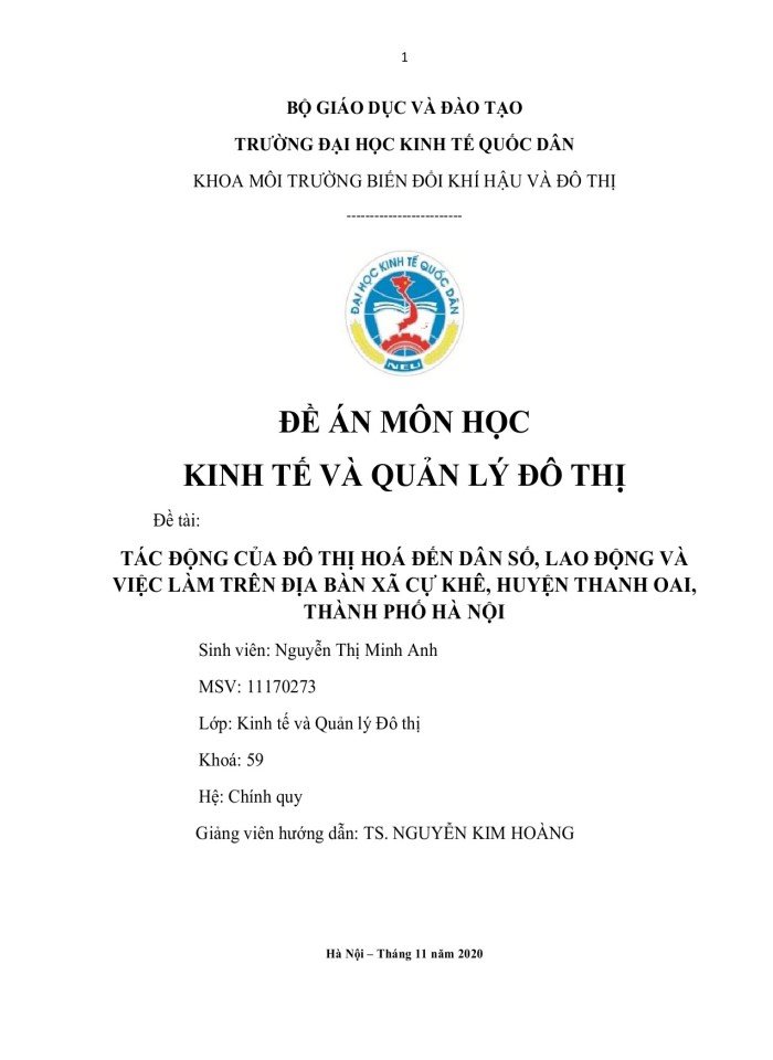 Tác động của đô thị hoá đến dân số, lao động và việc làm trên địa bàn xã cự khê, huyện thanh oai,thành phố hà nội