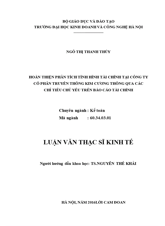 Hoàn thiện phân tích tình hình tài chính tại công ty cổ phần truyền thông kim cương thông qua các chỉ tiêu chủ yếu trên báo cáo tài chính 2016