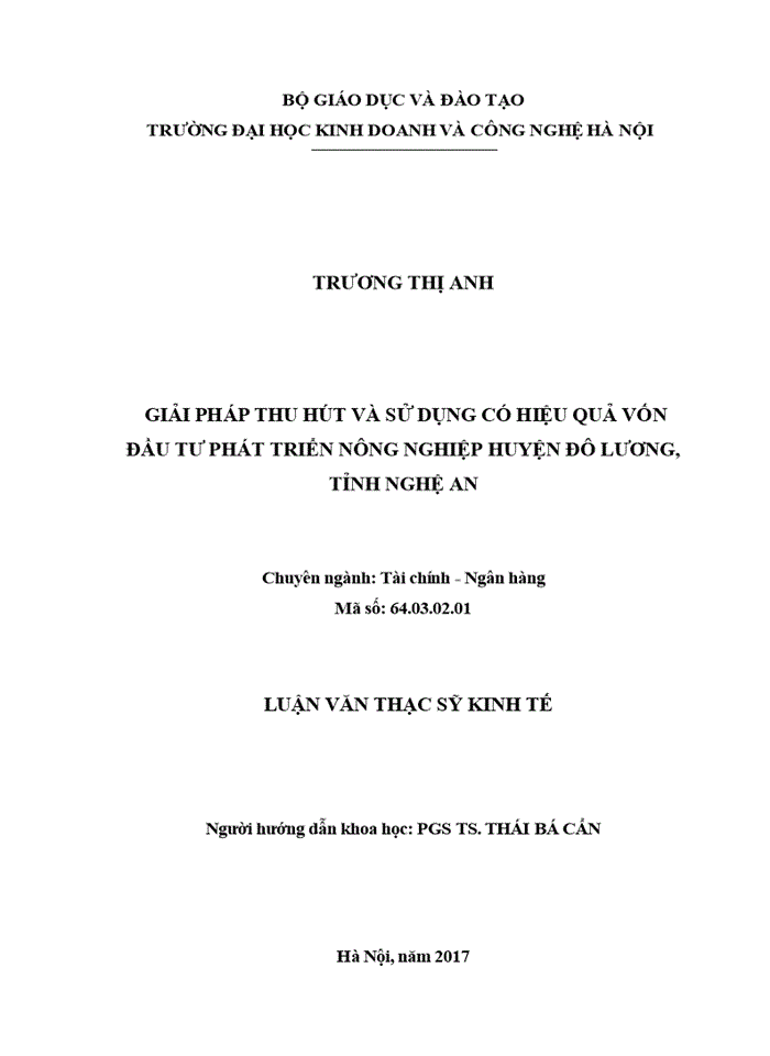 Giải pháp thu hút và sử dụng có hiệu quả vốn đầu tư phát triển nông nghiệp huyện đô lương, tỉnh nghệ an 2017