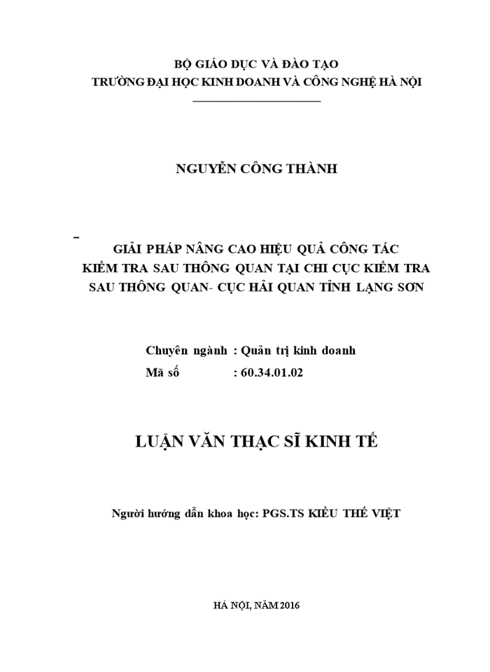 Giải pháp nâng cao hiệu quả công tác kiểm tra sau thông quan tại chi cục kiểm tra sau thông quan- cục hải quan tỉnh lạng sơn 2016