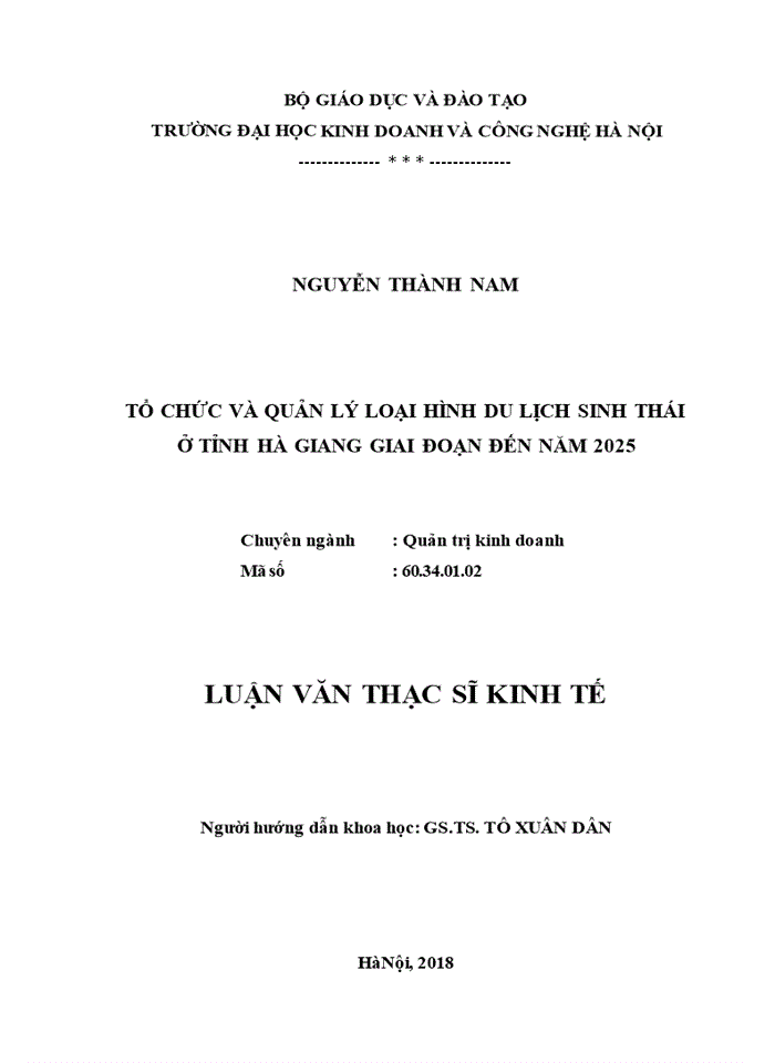 Tổ chức và quản lý loại hình du lịch sinh thái ở tỉnh hà giang giai đoạn đến năm 2025