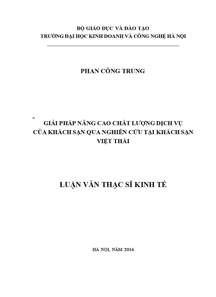 Giải pháp nâng cao chất lượng dịch vụ của khách sạn qua nghiên cứu tại khách sạn việt thái 2016