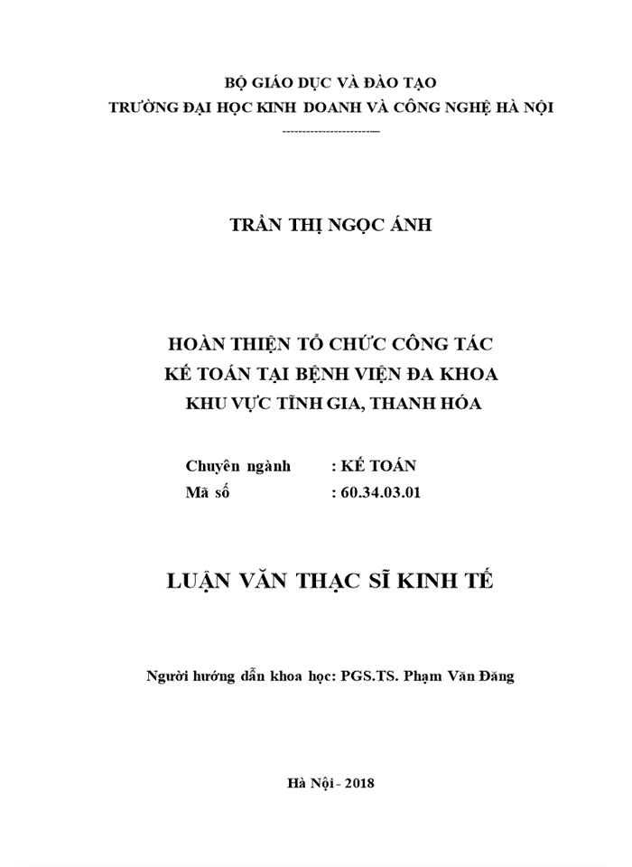 Hoàn thiện tổ chức công tác kế toán tại bệnh viện đa khoa khu vực tĩnh gia, thanh hóa 2018
