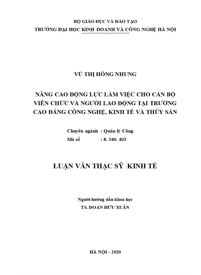 Nâng cao động lực làm việc cho cán bộ viên chức và người lao động tại trường cao đẳng công nghệ, kinh tế và thủy sản 2020