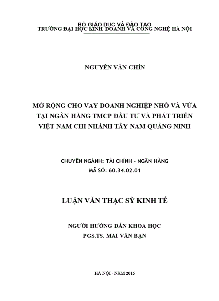 Mở rộng cho vay doanh nghiệp nhỏ và vừa tại ngân hàng tmcp đầu tư và phát triển việt nam chi nhánh tây nam quảng ninh 2016