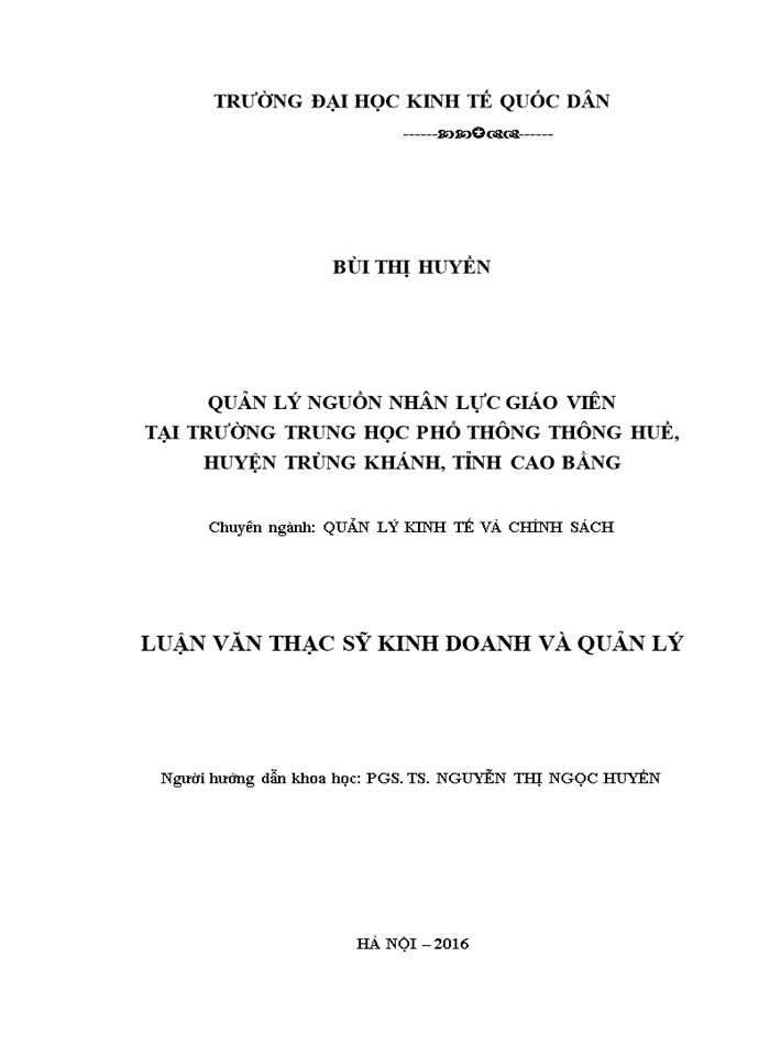 Quản lý nguồn nhân lực giáo viên tại trường trung học phổ thông thông huề,  huyện trùng khánh, tỉnh cao bằng 2016