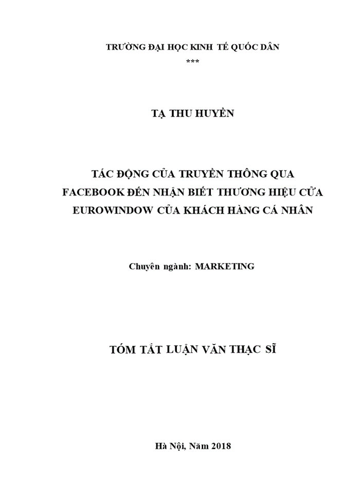 image for page Tác động của truyền thông qua facebook đến nhận biết thương hiệu cửa eurowindow của khách hàng cá nhân 2018