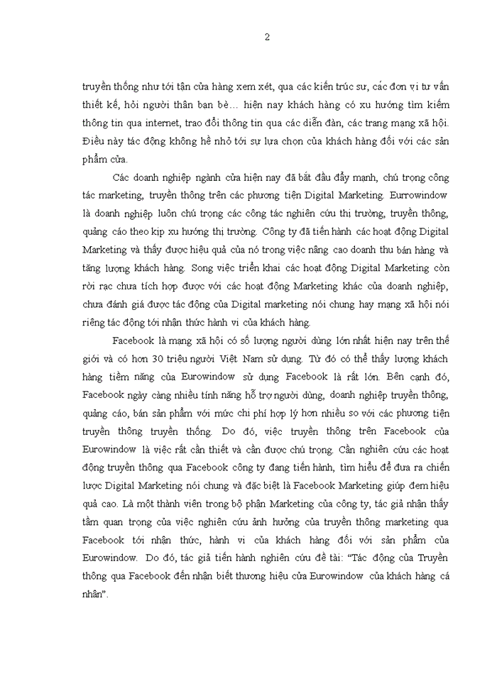 image for page Tác động của truyền thông qua facebook đến nhận biết thương hiệu cửa eurowindow của khách hàng cá nhân 2018