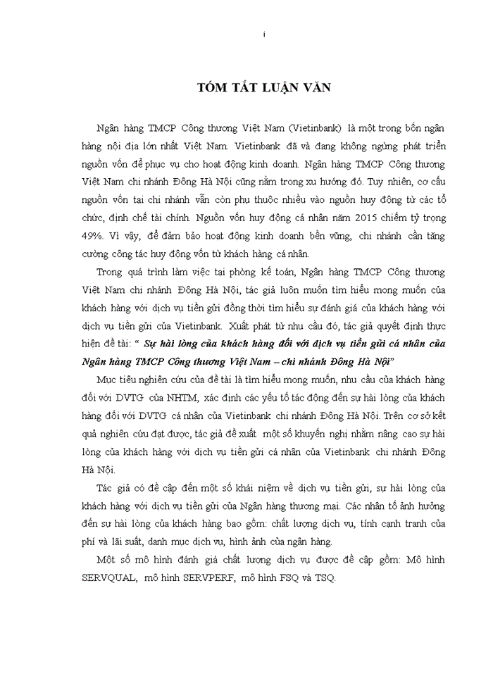 image for page Sự hài lòng của khách hàng đối với dịch vụ tiền gửi cá nhân của ngân hàng tmcp công thương việt nam – chi nhánh đông hà nội