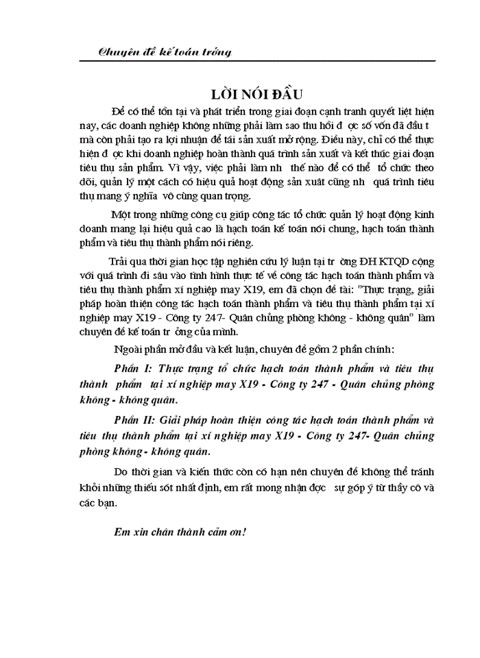Thực trạng, giải pháp hoàn thiện công tác hạch toán thành phẩm và tiêu thụ thành phẩm tại xí nghiệp may X19 - Công ty 247- Quân chủng phòng không - không quân