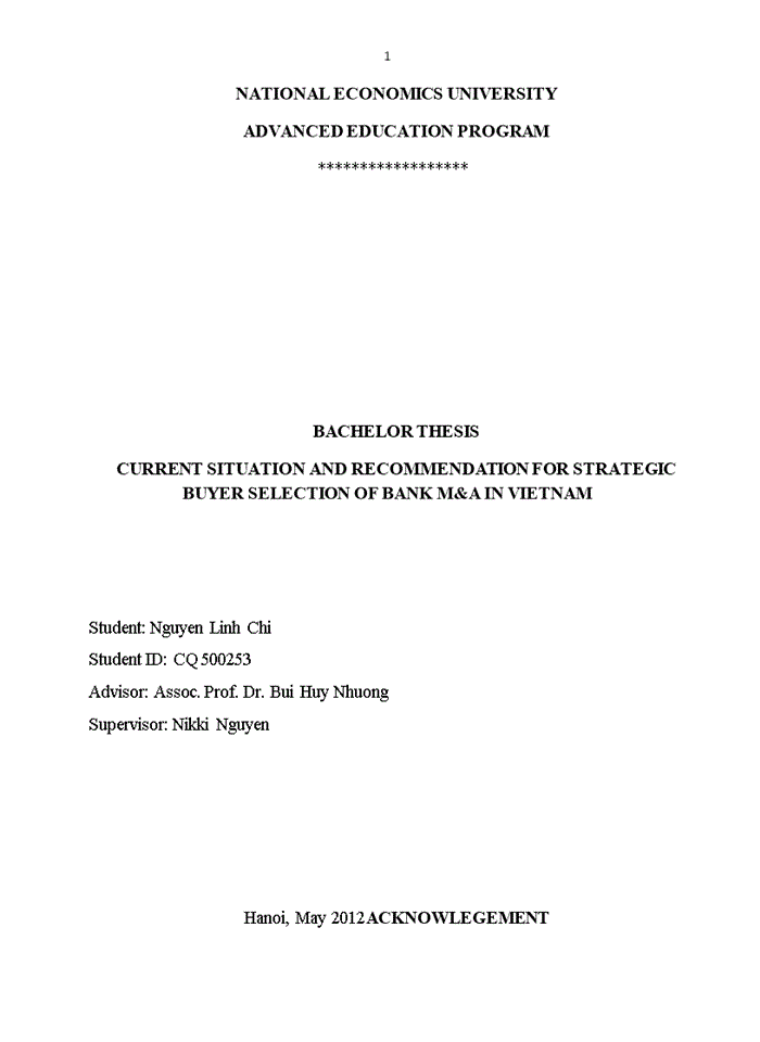 Bachelor thesis current situation and recommendation for strategic buyer selection of bank m&a in vietnam