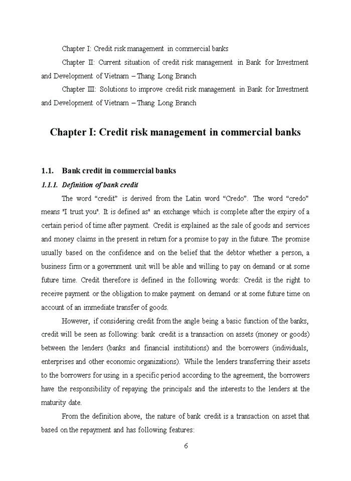 Improving credit risk management in the Bank for Investment and Development of Vietnam – Thang Long Branch