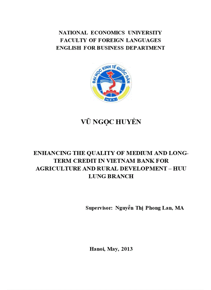Enhancing the quality of medium and long-term credit in vietnam bank for agriculture and rural development – huu lung branch