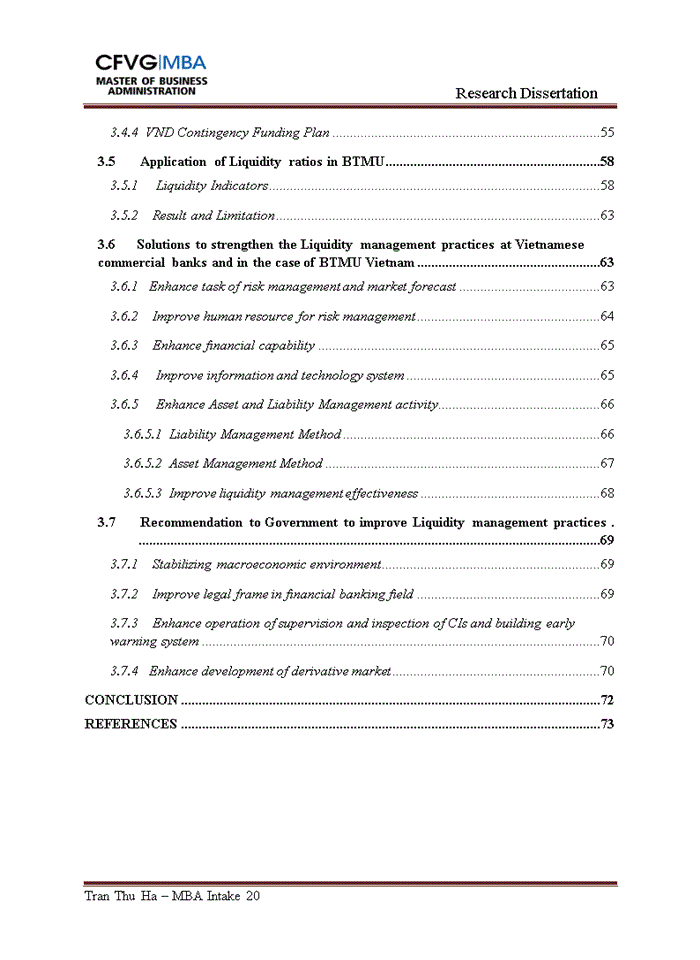 Strengthen the liquidity risk management on the case study of the bank of tokyo mitsubishi ufj vietnam (btmu)