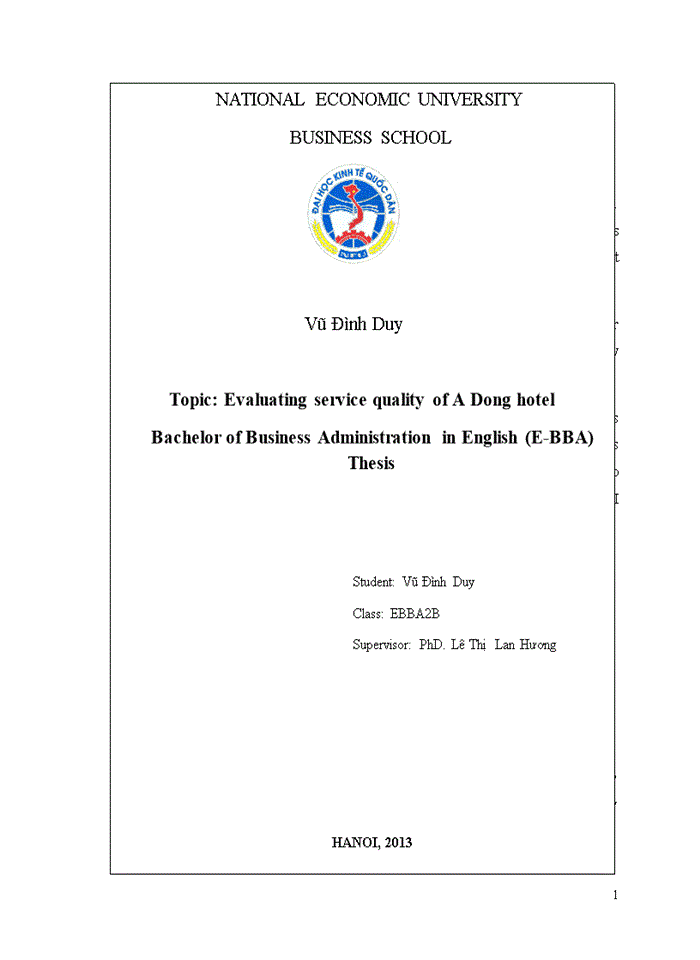 Evaluating service quality of A Dong hotel Bachelor of Business Administration in English (E-BBA) Thesis