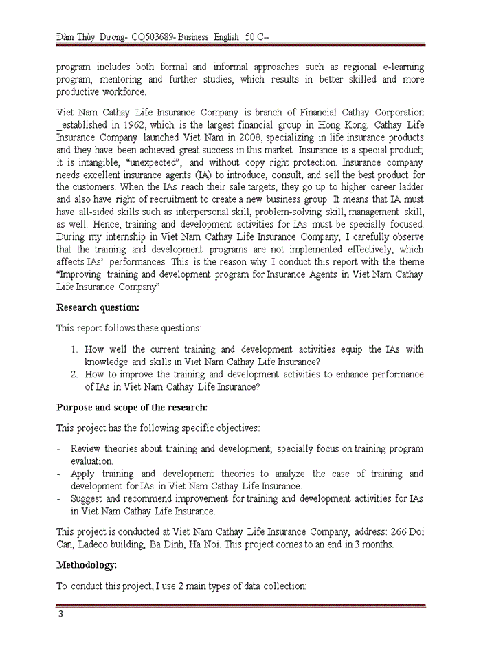 image for page Improving training and development program for Insurance Agents in Viet Nam Cathay Life Insurance Company