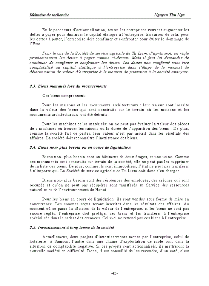 image for page Réglement des problèmes financiers lors de la détermination de la valeur de l’entreprise en le processus d’actionnarisation des entreprises publiques au Vietnam. Cas d’étude Société de Service Agricole de Tu Liem