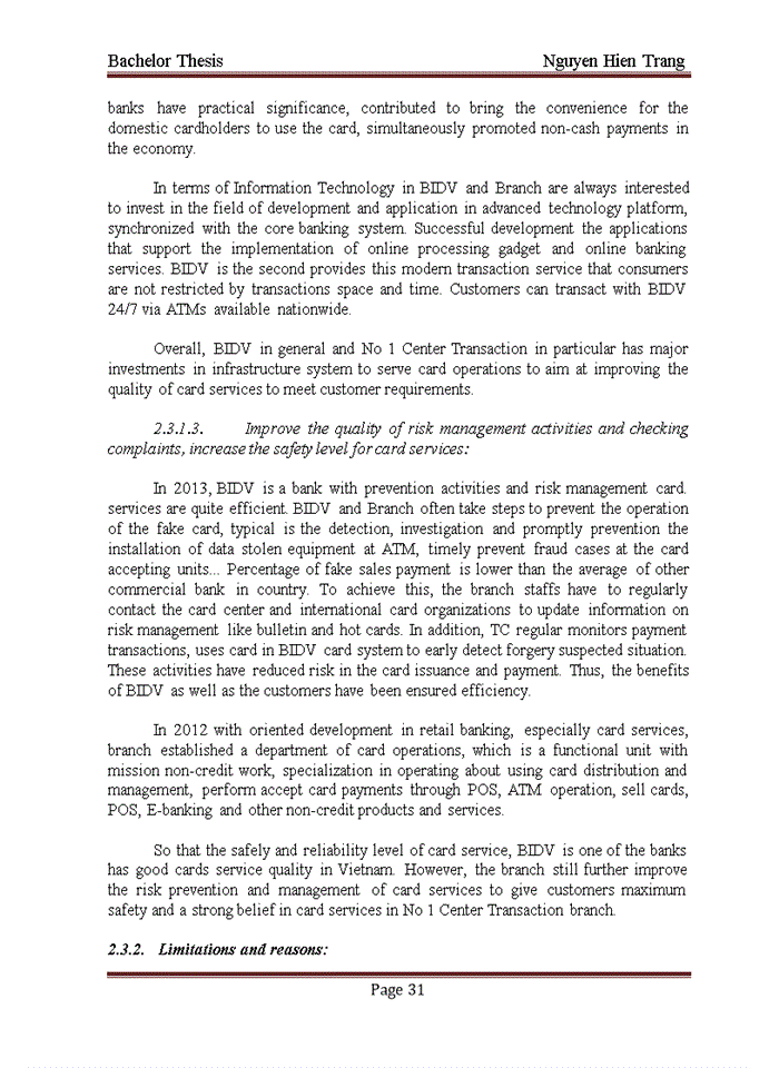 image for page Improving the quality of card services at No. 1 Center Transaction Branch of the Joint Stock Commercial Bank for Investment and Development of Vietnam (BIDV)