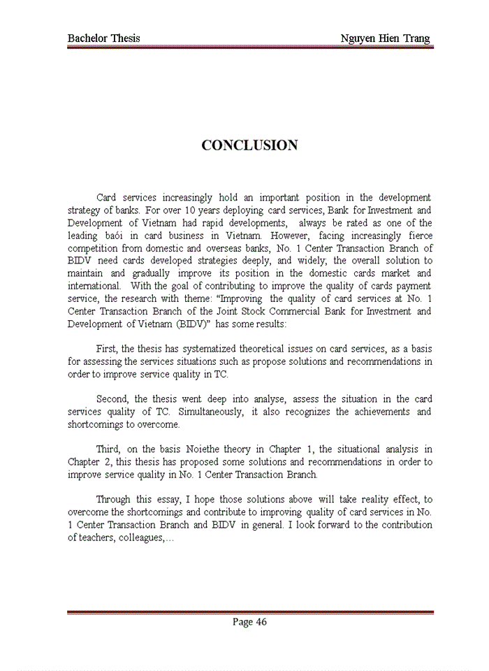 image for page Improving the quality of card services at No. 1 Center Transaction Branch of the Joint Stock Commercial Bank for Investment and Development of Vietnam (BIDV)