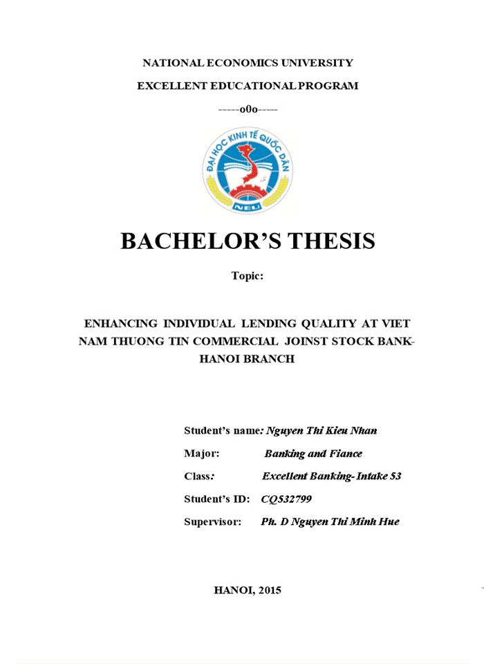 image for page Enhancing individual lending quality at viet nam thuong tin commercial joinst stock bank- hanoi branch