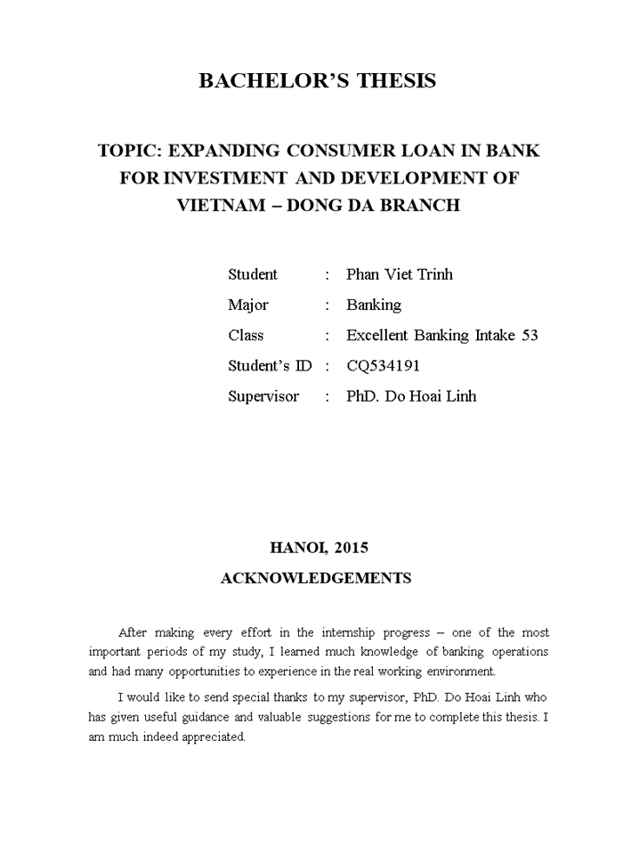 Expanding consumer loan in bank for investment and development of vietnam – dong da branch
