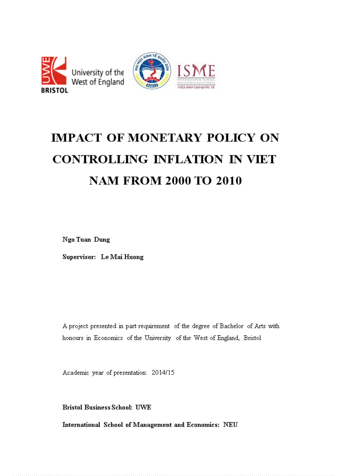 Impact of monetary policy on controlling inflation in viet nam from 2000 to 2010