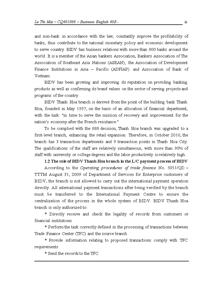 image for page Solutions to enhance the quality of international payment services using Letter of Credit in the Bank for Investment and Development Thanh Hoa branch