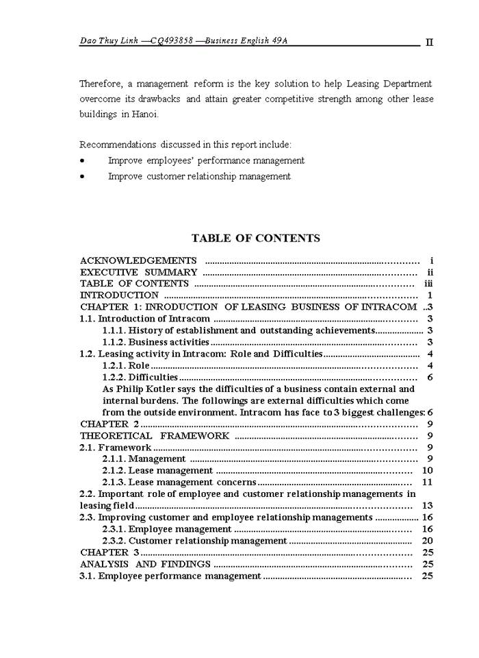 Recommendations to improve management of employees’ performance and customer relationship in leasing business of intracom