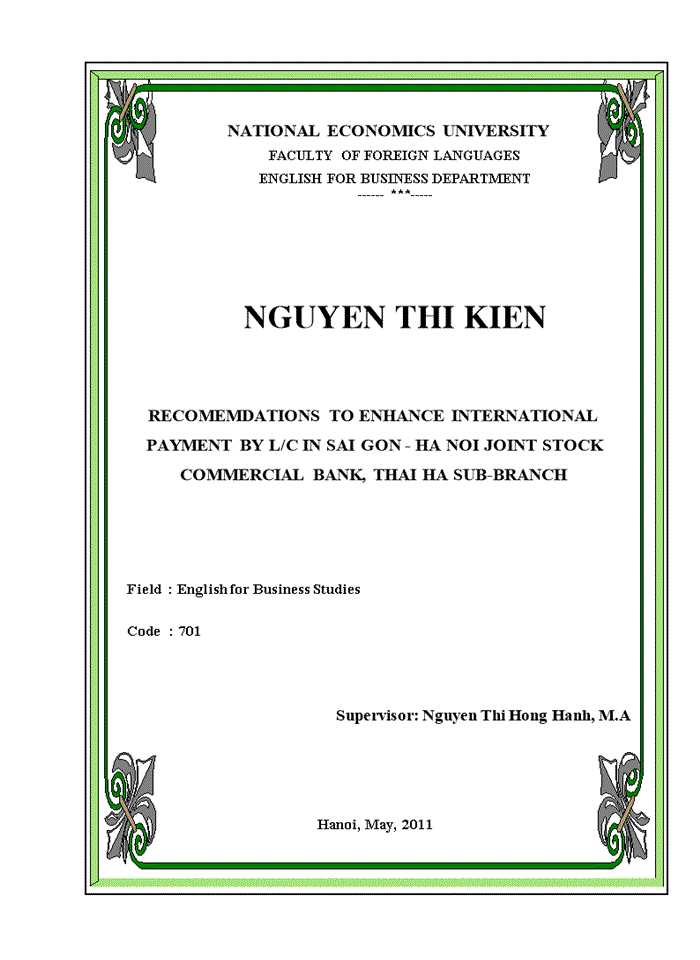 image for page Recomemdations to enhance international payment by l/c in sai gon – ha noi joint stock commercial bank, thai ha sub-branch