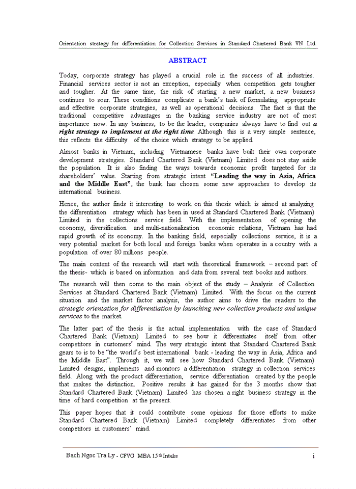 image for page Orientation strategy for differentiation for Collection Services in Standard Chartered Bank VN Ltd.