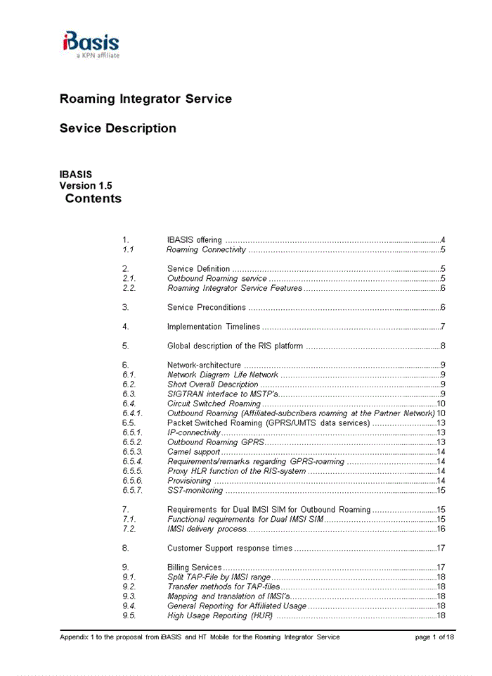 image for page Appendix 1 to the proposal from iBASIS and HT Mobile for the Roaming Integrator Service