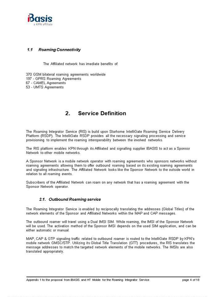 image for page Appendix 1 to the proposal from iBASIS and HT Mobile for the Roaming Integrator Service