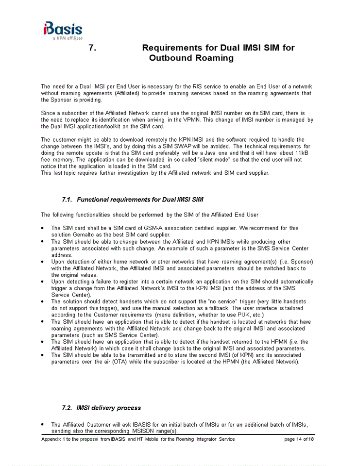 image for page Appendix 1 to the proposal from iBASIS and HT Mobile for the Roaming Integrator Service