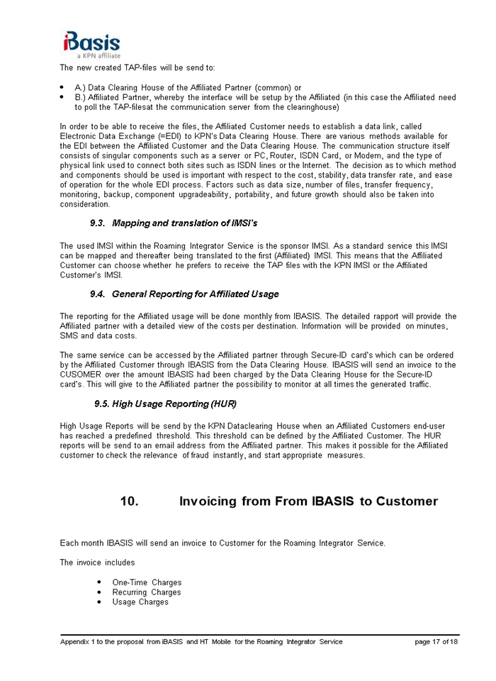 image for page Appendix 1 to the proposal from iBASIS and HT Mobile for the Roaming Integrator Service