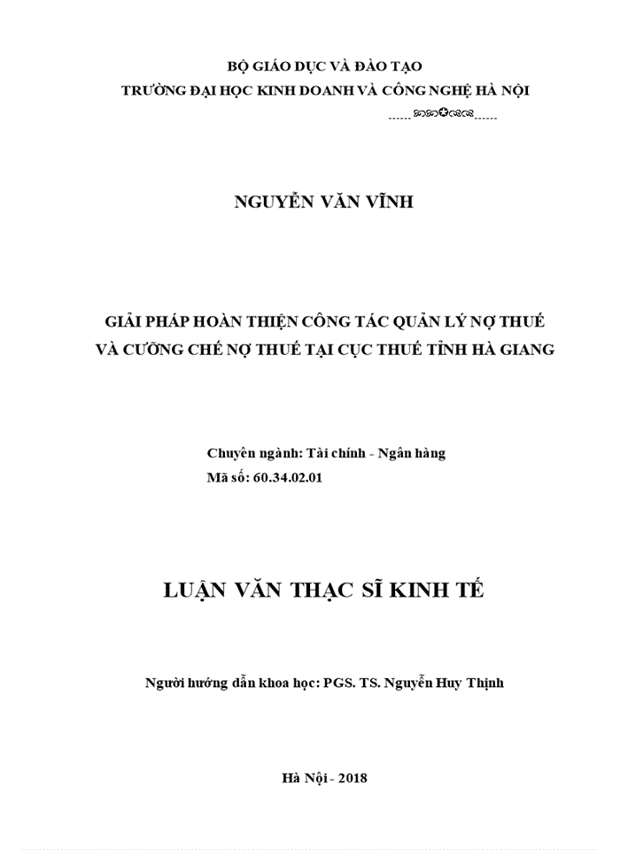Luận văn thạc sĩ kinh tế giải pháp hoàn thiện công tác quản lý nợ thuế và cưỡng chế nợ thuế tại cục thuế tỉnh hà giang