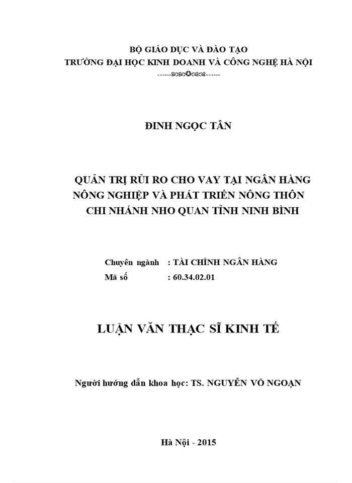 Luận văn thạc sỹ kinh tế quản trị rủi ro cho vay tại ngân hàng nông nghiệp và phát triển nông thôn chi nhánh nho quan tỉnh Ninh Bình