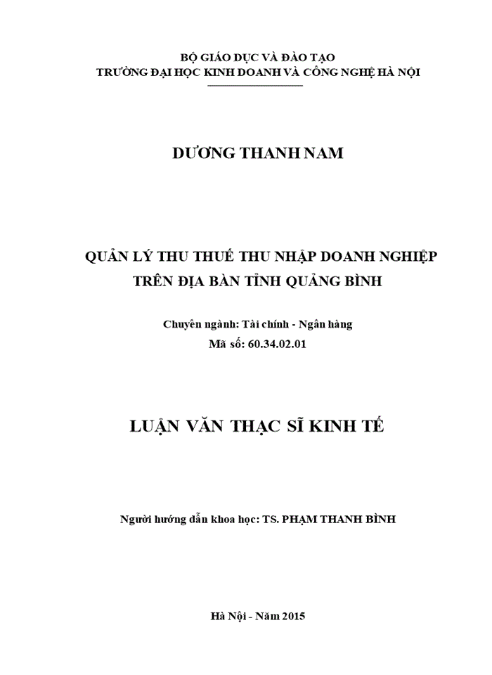 Luận án thạc sĩ kinh tế quản lý thu thuế thu nhập doanh nghiệp trên địa bàn tỉnh quảng bình