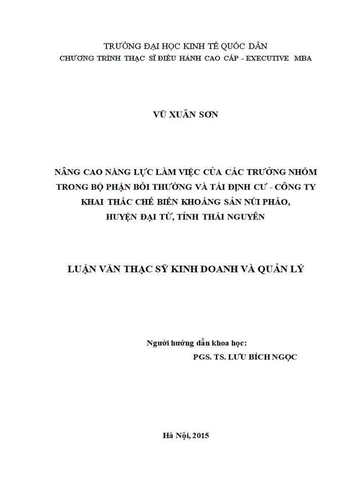Luận văn thạc sỹ kinh doanh và quản lý nâng cao năng lực làm việc của các trưởng nhóm trong bộ phận bồi thường và tái định cư - công ty khai thác chế biến khoáng sản núi pháo, huyện đại từ, tỉnh thái nguyên