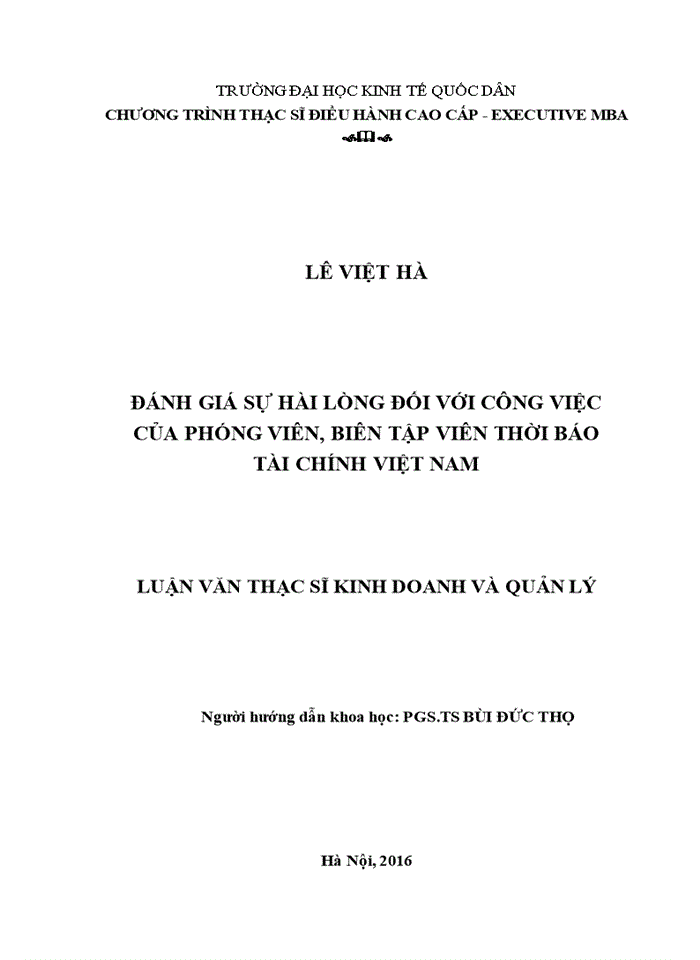 Luận văn thạc sỹ kinh doanh và quản lý đánh giá sự hài lòng đối với công việc của phóng viên, biên tập viên thời báo tài chính Việt Nam