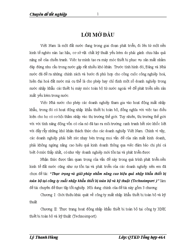 Thực trạng và giải pháp nhằm nâng cao hiệu quả Nhập khẩu thiết bị toàn bộ tại Công ty Xuất nhập khẩu thiết bị toàn bộ và kỹ thuật Technoimport