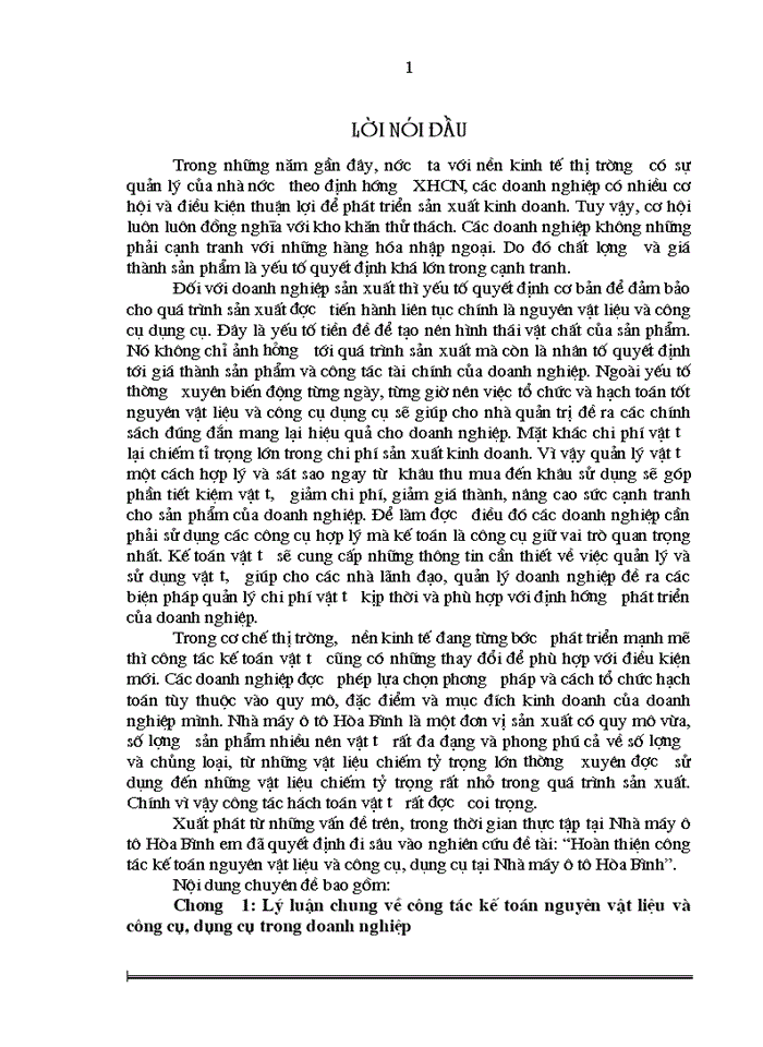 image for page Hoàn thiện công tác Kế toán Nguyên vật liệu và Công cụ dụng cụ tại Nhà máy Ô tô Hòa Bình