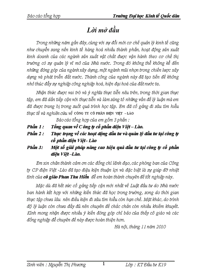 Báo cáo tổng hợp về Công ty cổ phần điện Việt Lào