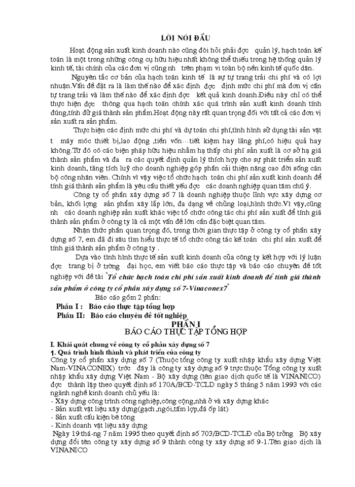 Tổ chức hạch toán Chi phí sản xuất Kinh doanh để tính Giá thành sản phẩm ở Công ty cổ phần Xây dựng số 7 - Vinaconex7